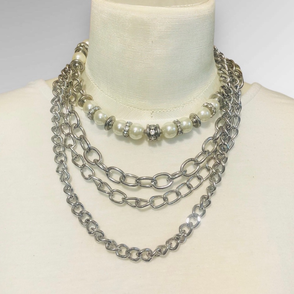 Vintage Convertible White Faux Pearl and Silver Crystal Bead Necklace Punk Chic